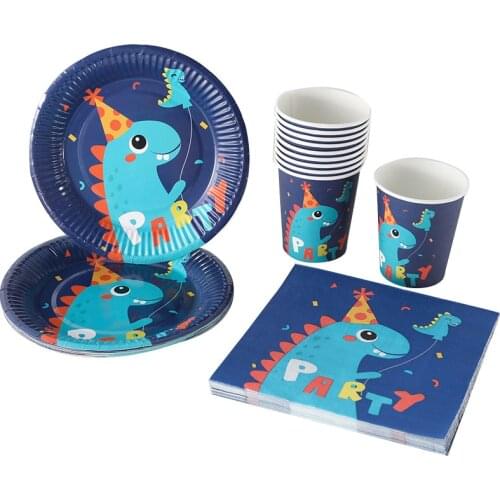 Dinosaur Party Supplies Blue Paper Banner Disposable Tableware Set Kids Boy Birthday Dinnerware Decoration Jungle Baby Shower