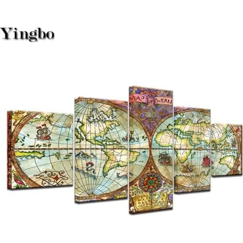 World Map Artwork Vintage Posters Full Square Round Drill Mosaic Diamond Painting Cross Stitch DIY 5D Embroidery Set 5 pcs decor
