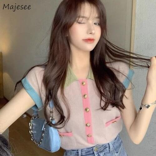 T-shirts Women Patchwork Knitted Fashion Newest Hot Sale Chic All-match Camisetas Female Ulzzang Schoolgirls Simple Sweet Tops