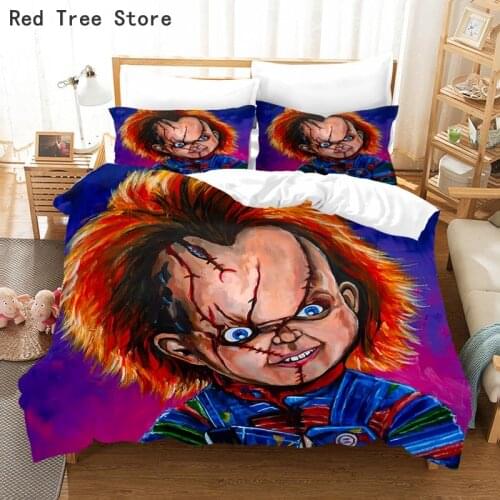 Horror Movie Bedding Set Child of Play Character Chucky Anime Cartoon Puppet Doll Duvet Cover Double Bed Linen Quilt Bedclothes