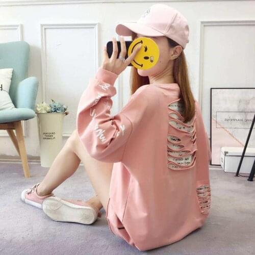 Korean Fashion Hoodies Female Loose Large Size Sweatshirt Harajuku Streetwear Hole Letter Print Long Sleeve Pullovers Women Tops