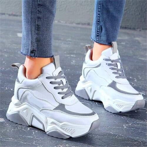 Increasing Height Fashion Sneakers Womens Cow Leather Ankle Boots Platform Wedge High Heel Casual Shoes Lace Up Round Toe