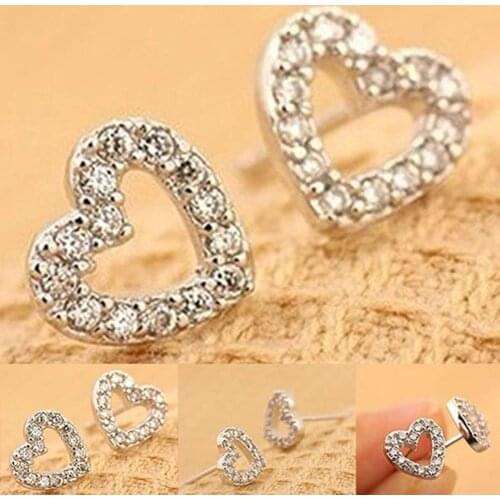 Fashion Lady Rhinestone Hollow Heart Silver Plated Ear Stud Earrings Jewelry