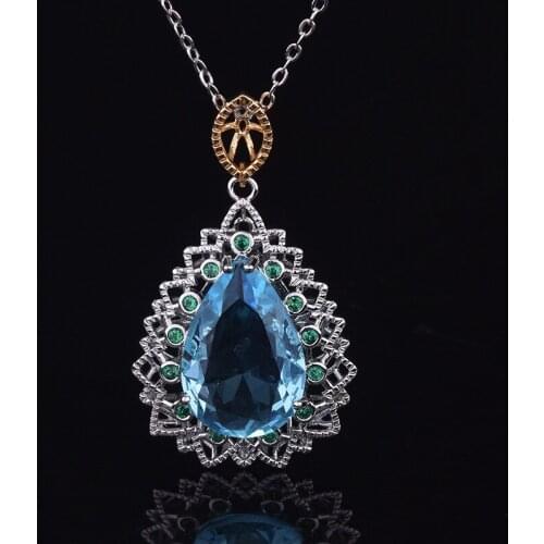 New Fashion Seablue Aquamarine Real Topaz Silver 925 Jewelry Pendant Necklaces for Women 13x20MM Gemstone Silver Necklace