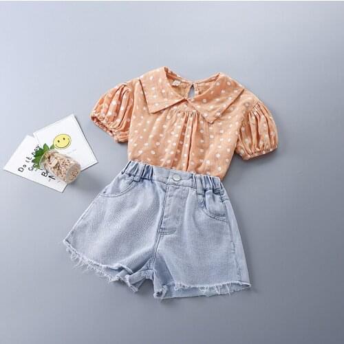 2-7 Years High Quality Summer Girl Clothing Set 2021 New Fashion Casual Dot Shirt + Denim Shorts Kid Children Girls Clothing