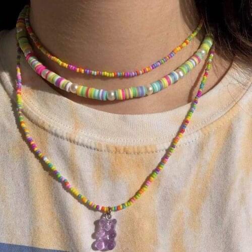 New Trendy Colorful Resin Cute Candy Bear Beaded Necklace for Women Gummy Bears Rainbow Rice Bead Choker Necklaces Summer Jewely