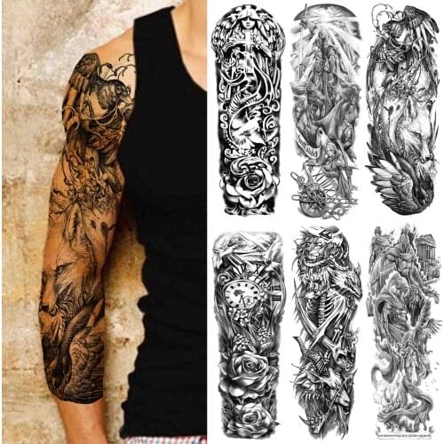 Realistic Fake Wolf Temporary Tattoos Sleeve For Men Women Black Flower Wings Tattoo Sticker Full Arm Warrior DIY Tatoos Fashion