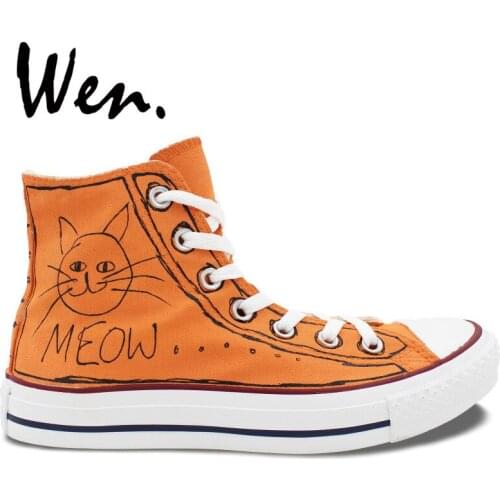 Wen Hand Painted Skate Shoes Sneakers Cartoon Cat MEOW Design Custom High Top Unisex Portable Canvas Sport Shoes Plimsolls