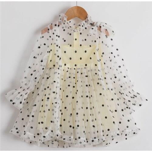 Spring Summer Dress For Girls Long Sleeve Mesh Tulle Polka Dot Dresses Kids Sweet Birthday Party Costume Elegant Ball Gown