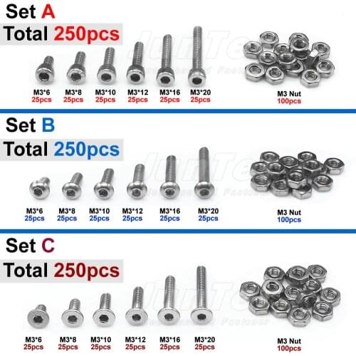 250pcs M3(3mm) A2 Stainless Steel Allen Bolts Hex Button Flat Socket Head Cap Screws With Nuts Assortment