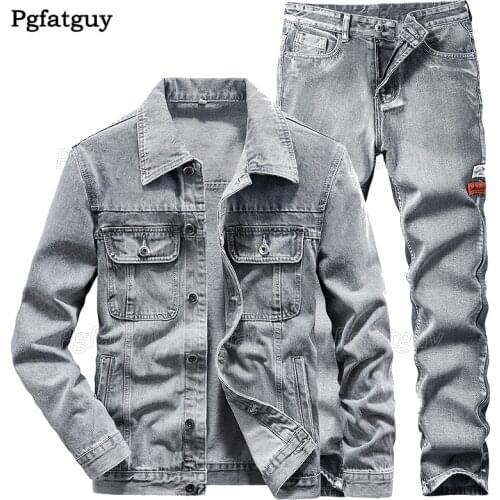 Solid Color Simple Mens 2 Piece Set Spring Autumn Size M-4XL Long Sleeve Denim Jacket + Pants Fashion Slim Couple Jeans Sets