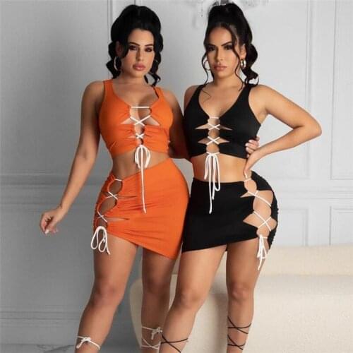 Women Summer Sexy Hollow Out Crop Tank Tops Package Hip Mini Skirt Party Two Pieces Dress Set Suit 2021 Female 2 Piece Skirt Set