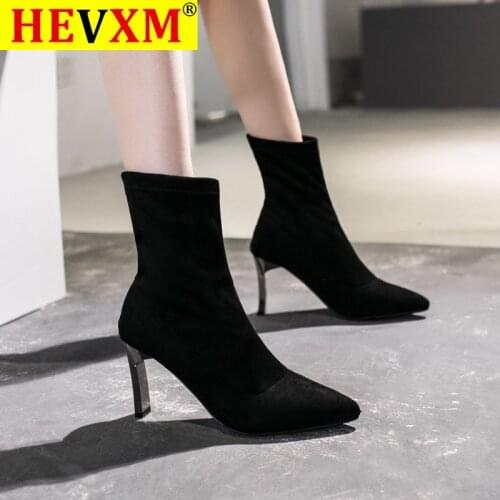 HOT Mid-barrel Boots Elastic Boots Pointed Toe Thin Heels For Women Mujer Black Ankle Stretch Fabric Winter High Heel Boots Rome