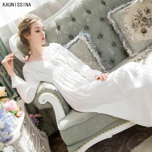 Ladies Sleepwear Cotton Nightgown Long Sleeve V-Neck Long Princess Nightdress Classical Lace Royal Night Gown High Quality