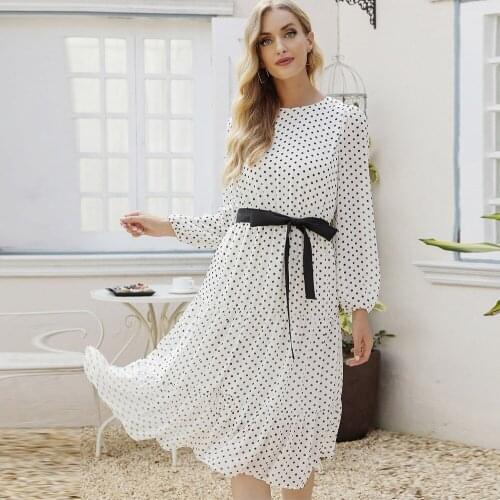 Casual Dot White O Neck Women Dress Elegant High Waist Bow Lace Up Maxi Pleated Dresses Hole Button Summer Dress Vestidos 2021