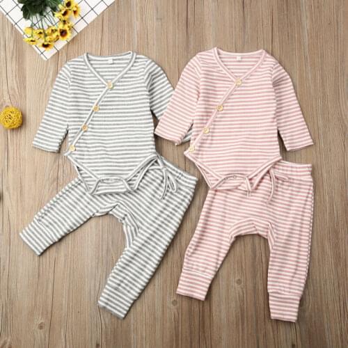 2Pcs Newborn Baby Girl Boy Cute Striped Buttons Knitted Long Sleeve Romper Playsuit Top Long Pants Trouser Outfit Clothes Set
