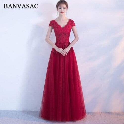 BANVASAC 2018 Pearls V Neck Lace Appliques A Line Long Evening Dresses Party Short Sleeve Backless Prom Gowns