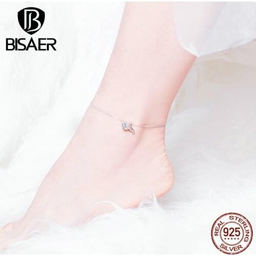 BISAER Mermaid Anklets 925 Sterling Silver Mermaids Story Chain Silver Anklets for Women Sterling Silver Jewelry ECT004