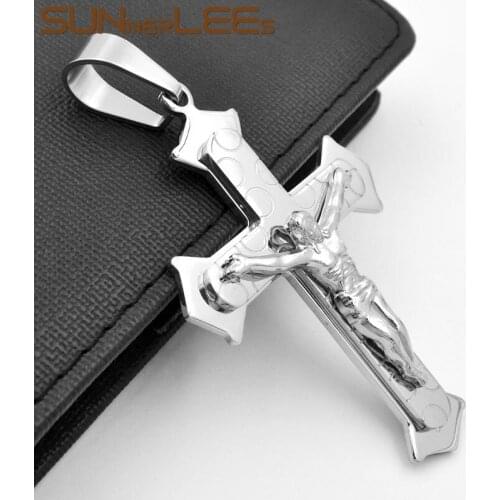 SUNNERLEES 316L Stainless Steel Jesus Christ Cross Pendant Necklace Byzantine Link Chain Men Boys Gift SP235