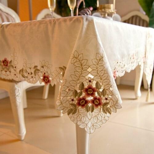 European 1Pcs Satin Drawnwork Table Cloth Calendula Lace Embroidery Hollow Out Flower Tablecloth Table Desk Decor Dust Cover