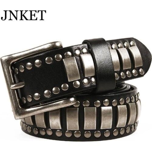 JNKET Punk Rock Hollow Out Studded Belt Men Cowhide Cinturon Pin Buckle Belt Jean Belts
