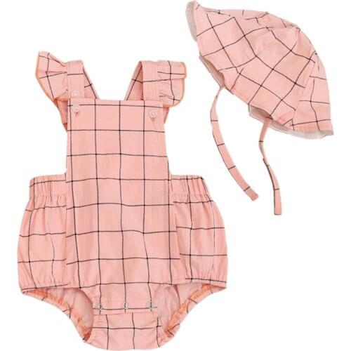 Newborn Baby Strap Rompers Clothing lattice Triangle Climbing Kids Cotton Clothes Toddler Girls Jumpsuit cap Outfit