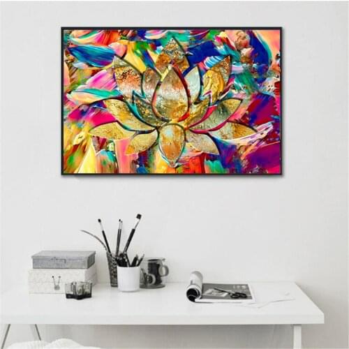 Wall Art Painting Canvas Painting Colorful Gold Lotus Flower Picture Buddisam Art Religion Prints For Living Room Home Decora