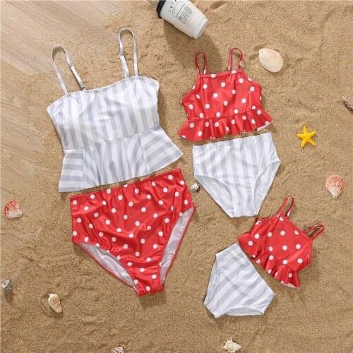 2021 European American New Women 's Polka Dot Print Suspender Suit Swimsuit Men 's Beach Pants Family Parent- Child Swimwear