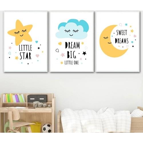 Blue Cloud Poster Quotes Wall Art Painting Nursery Canvas Print Yellow Star Moon Posters Nordic Wall Pictures Kids Room Decor