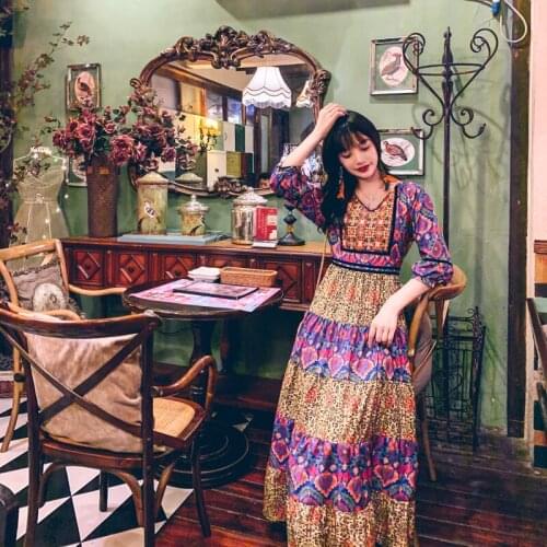 YUZACDWX Robe Ete Femme 2020 Thailand Vintage Travel Holiday Embroidered Long Dress Bohemian Embroidered printed dress vestidos