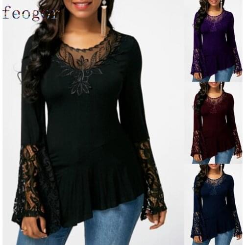 FEOGOR 2021 spring and summer new womens long-sleeved lace stitching irregular T-shirt top women Womens plus size T-shirt