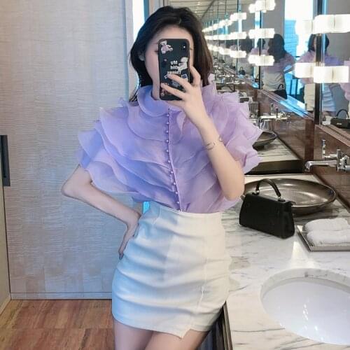 2021 New Summer Elegant Patchwork Ruffle Ruched Solid Shirt For Women Stand Collar Casual Blouse Female Fashion Tide