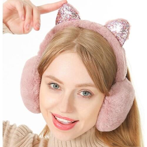 Girls Women Earmuffs Winter Plush Warm Earmuffs Cute Sequinned Cat Ear Cover Warmers Folding Ear Protectors