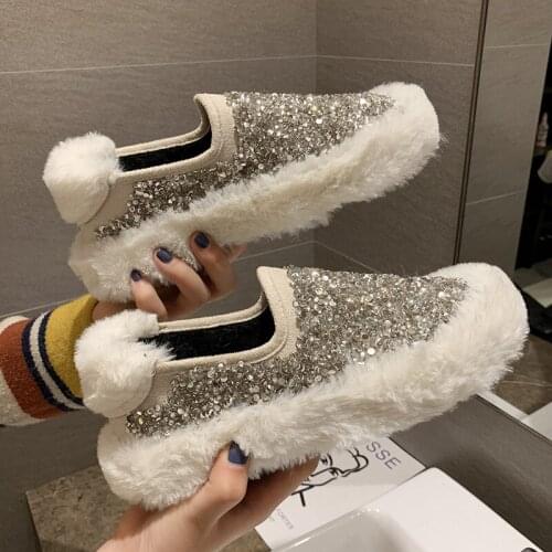 Warm Plush Womens Shoes Woman Flats 2020 Spring Autumn New Bling Shine Crystal Student Lazy Slip on Fur Flats Casual Shoes