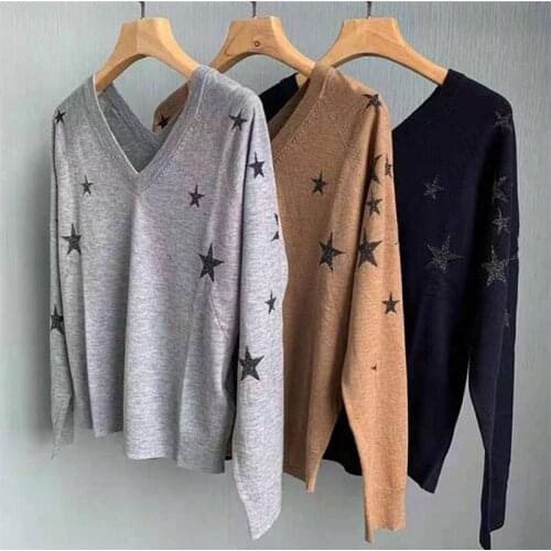Womens Stars Printed Sweater Pullover V-neck 100% Cashmere Long Sleeve Casual Knitted Top 2021 Autumn