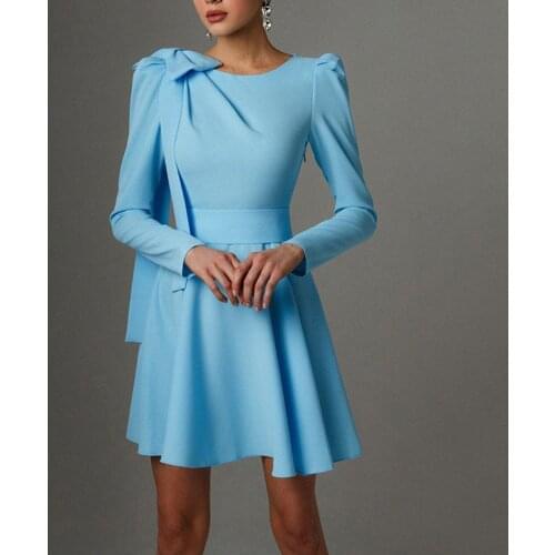 Women Elegant Lady Long Sleeve Puff Sleeve O-Neck Mini Defined Waist Tunic Dress Autumn Winter Clothes Party Dinner Size XXXL