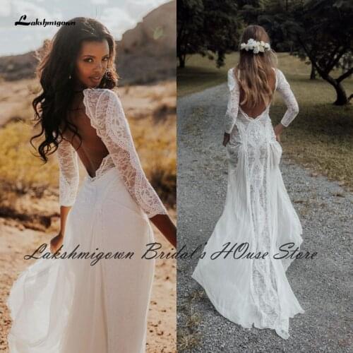 Vestido Boho Chic Wedding Dress Vintage Lace Backless Mermaid Bridal Gowns with Sleeves 2021 Vestido Largo Boda Country Party
