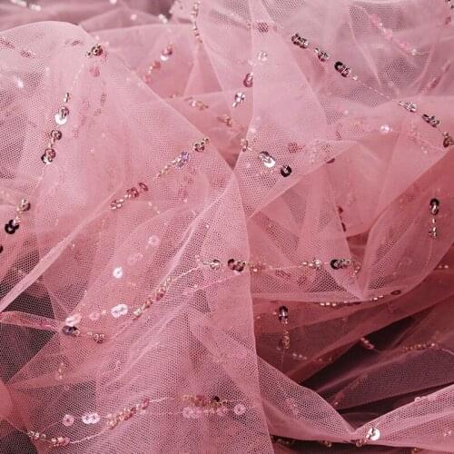 0.5M/lot 150cm wide Rouge powder embroidered sequins bead embroidery mesh fabric handmade wedding dress mesh lace AC339