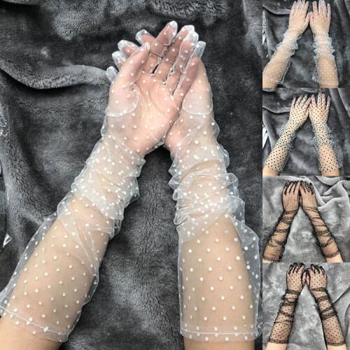 1pair Lace Thin Polka Dot Golves Full Finger Mittens Bride Wedding Golves Mesh Gauze Ultra Lace Semi Sheer Tulle Gloves