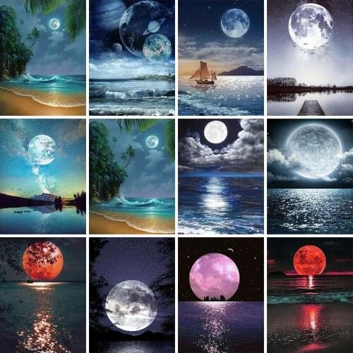 HUACAN 5d Diamond Painting Moon Landscape Mosaic Rhinestones Pictures DIY Diamond Embroidery Cross Stitch Sea Wall Art