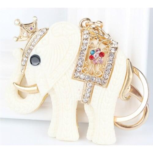 White Crown Elephant Pendant Charm Rhinestone Crystal Purse Bag Keyring Key Chain Accessories Wedding Party Lover Gift