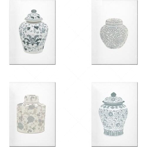 Teal Ginger Jar Art-4 piece set-Blue and white Chinese style vase-Academic wall art-Traditional Asian vase prints-Chinoiserie de