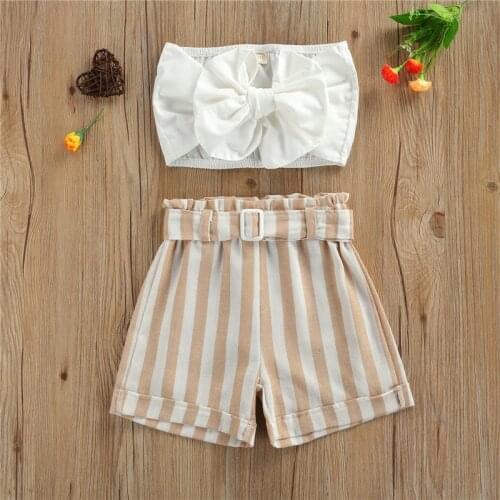 2 Pieces Kids Suit Set Girls Solid Color Sleeveless Strappy Crop Tops+ Striped Short Pants for Summer 1-6 Years