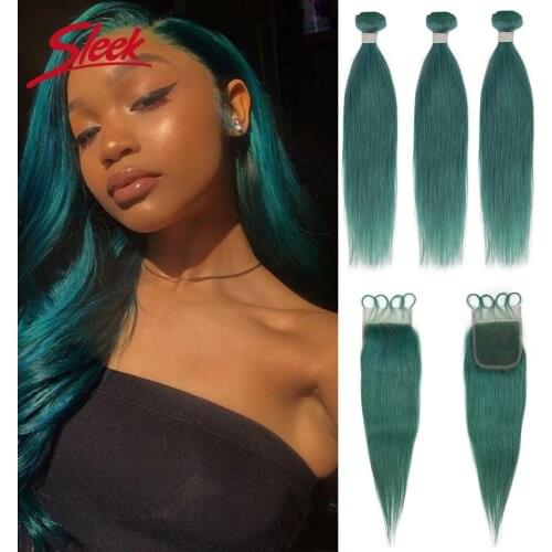 Sleek Brazilian Bundles With Closure Flash Cyan Color 3 Bundles With Closure Natural Remy Human Hair For Black Women