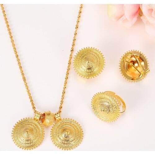 Ethiopian Gold Jewelry set Pendant Necklaces/Earrings/Ring Ethiopia Gold Africa women men Bridal Wedding party Eritrea Sets