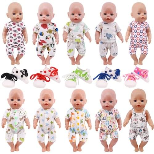 Doll Pajama T-Shirt Shorts Cute Animals Print Canvas Shoes Bodysuit For 18 Inch American& 43Cm Born Baby Doll Clothes Girl Gifts