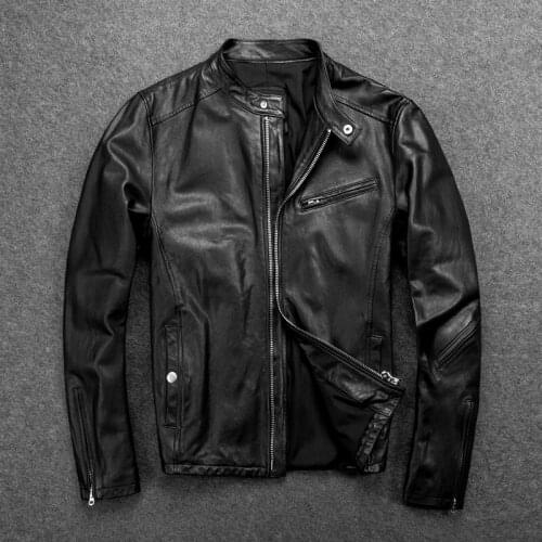 GU.SEEMIO Factory Mens Genuine Leather Jacket 100% Sheepskin Cool Motorcycle Jacket Stand Collar Fashion Clothing For Male