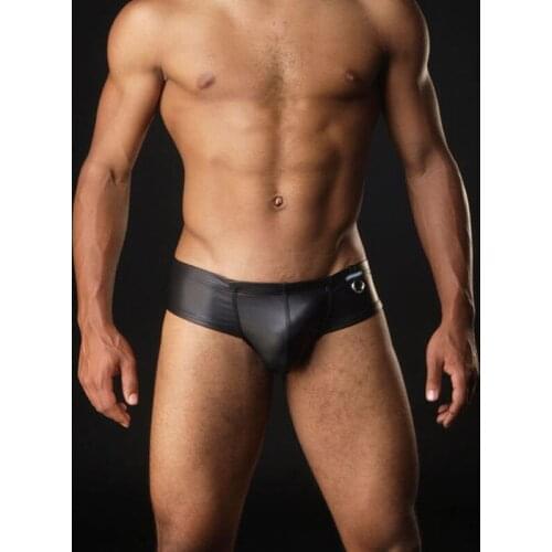 Newest Hot Sexy Men Faux Leather Little Boxer Shorts Black Underwear EroticBulge Enhancer Gay Man Underpants Jockstraps