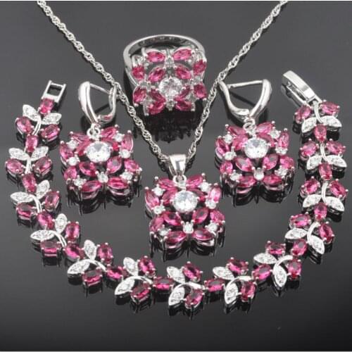 2020 New Rose Red Stone Silver Color Jewelry Sets For Women Bridal jewelry Bracelet Necklace Pendant Earrings Ring QS0363