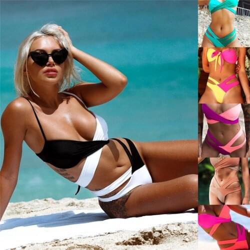 2021 new European and American bikini color matching cross contrast color bikini swimwear ladies split swimsuit